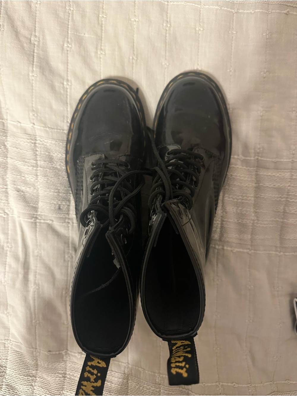Dr. Martens Black Patent Lace-Up Combat Boots with Yellow Stitching - Picture 4 of 6